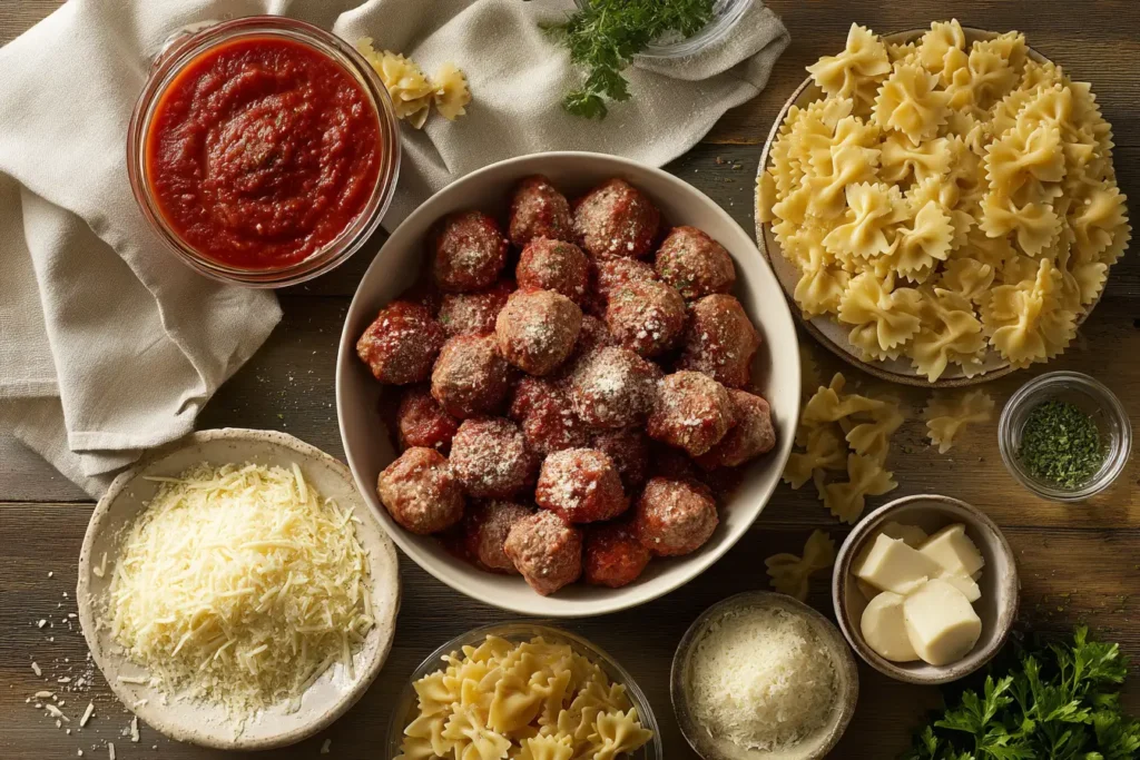 Cheesy Meatball Pasta Bake with melted cheese and flavorful meatballs INGRIDIENT