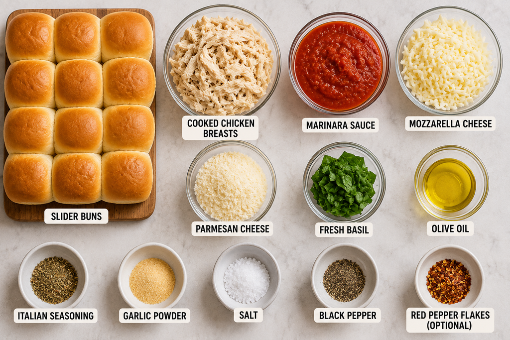 Ingredients for Chicken Parmesan Sliders including slider buns, cooked chicken, marinara sauce, mozzarella, Parmesan, basil, olive oil, and seasonings