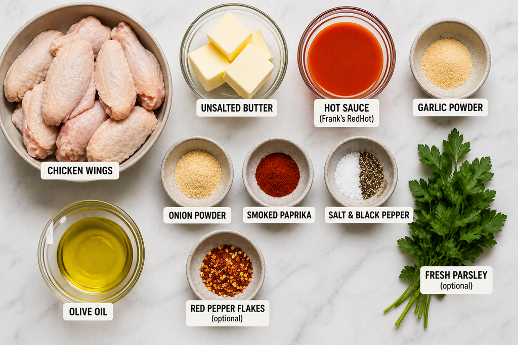 Ingredients for Grilled Chicken Wings with Spicy Butter Glaze including chicken wings, butter, hot sauce, garlic powder, smoked paprika, olive oil, and seasonings