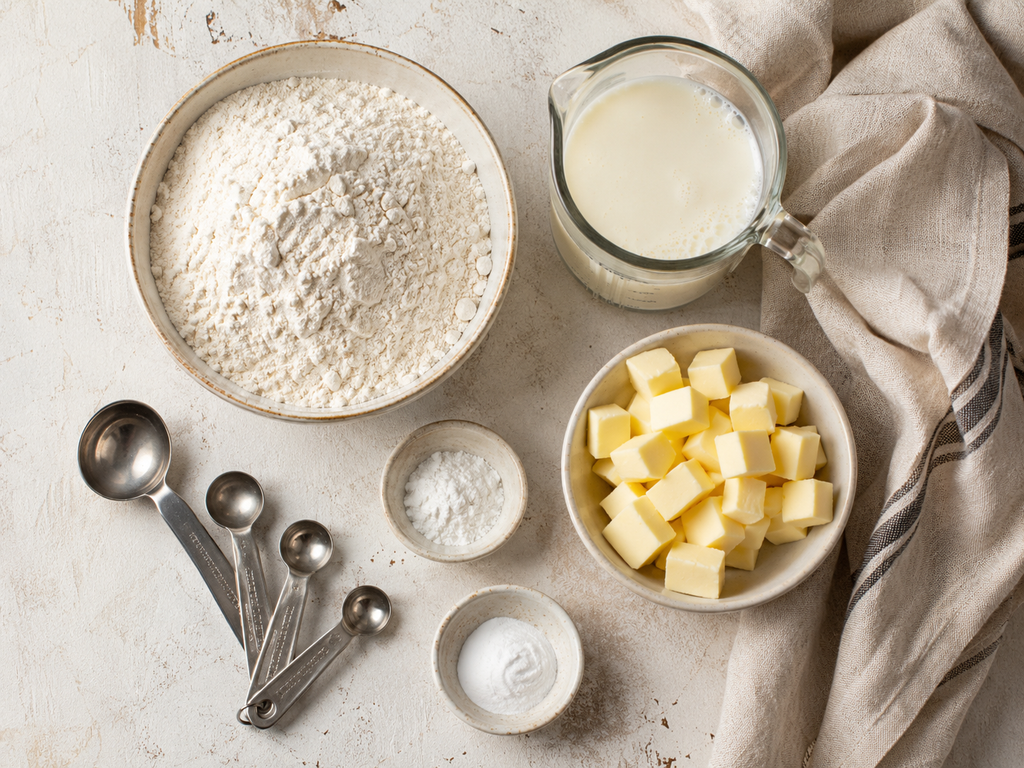 Ingredients for homemade buttermilk biscuits including flour, cold butter, buttermilk, baking powder, baking soda, and salt