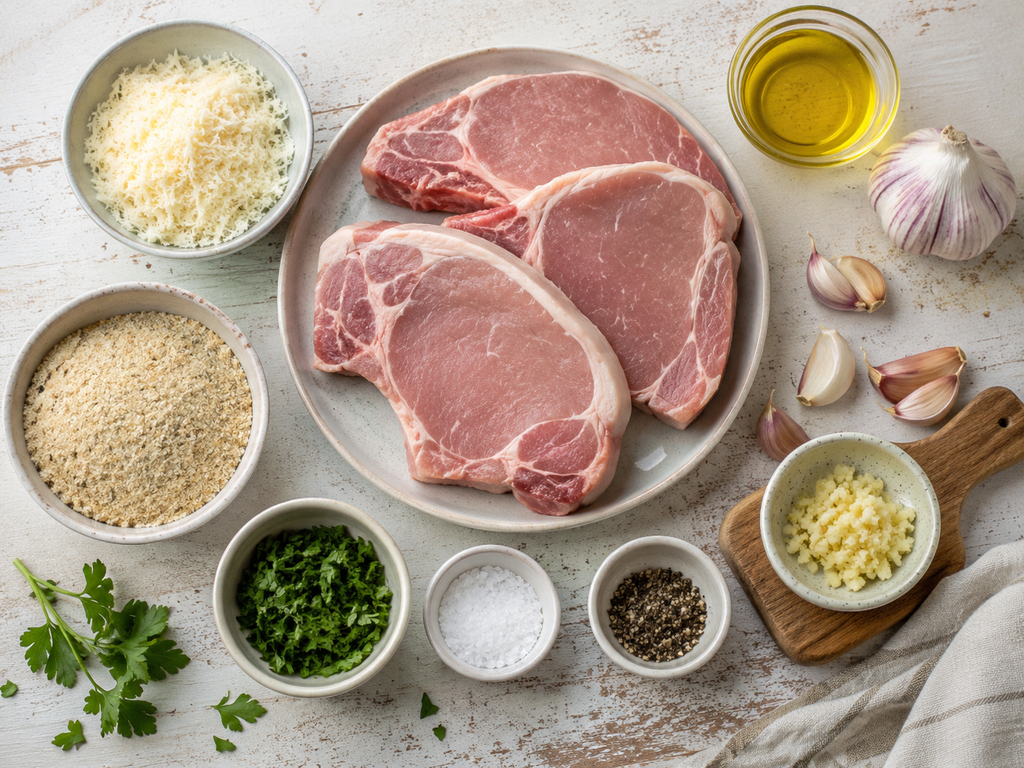 Ingredients for Garlic Parmesan Pork Chops including pork chops, Parmesan cheese, breadcrumbs, garlic, olive oil, parsley, salt, and pepper