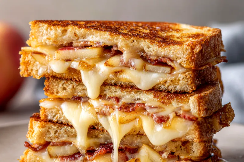 A skillet with a golden grilled cheese sandwich cooking, melted cheese visible at the edges.
