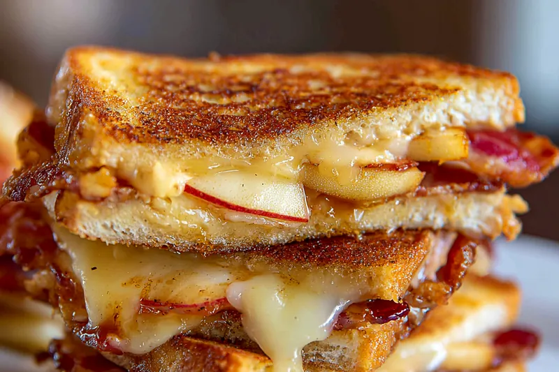 Sliced bread, butter, cheddar, mozzarella, bacon, and apple slices arranged on a wooden board.