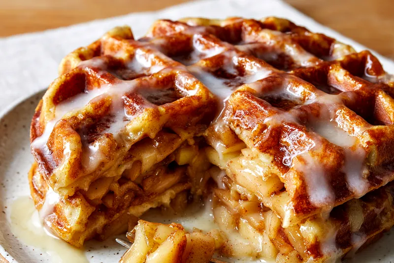 Overhead view of waffle ingredients arranged on white surface including flour, eggs, buttermilk, melted butter, sugars, cinnamon, baking powder, vanilla extract, and fresh Granny Smith and Honeycrisp apples both whole and diced