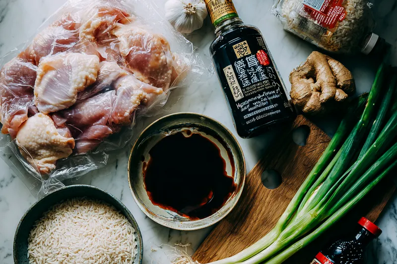 Mid-cooking process photo showing chicken pieces browning in a large cast iron Dutch oven with golden-brown seared skin, followed by a second image of the holy trinity vegetables sautéing in the pot with flour forming a light roux, both photographed from above with natural lighting