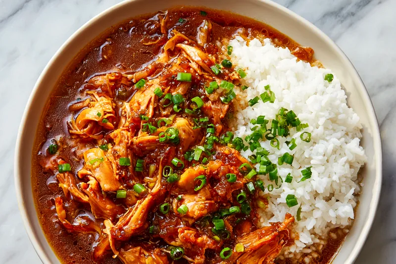 Overhead flat lay of fresh ingredients for Chicken Sauce Piquant arranged on white marble: raw chicken pieces, diced yellow onions, green bell peppers, celery stalks, whole garlic cloves, canned crushed tomatoes, tomato paste, bottles of Worcestershire and hot sauce, bay leaves, and small bowls of Cajun spices
