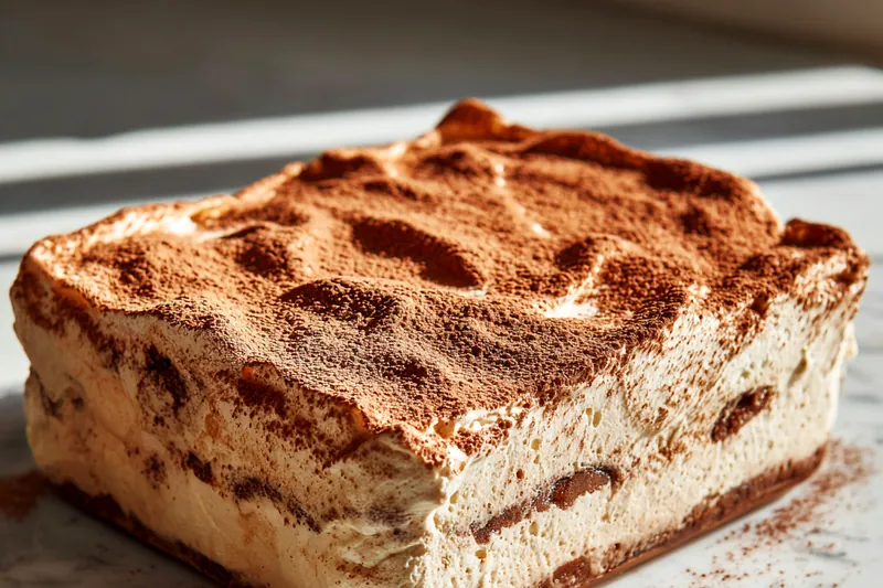 Step-by-step process of making tiramisu showing mascarpone cream being folded, ladyfingers being dipped in coffee, and layers being assembled in a rectangular glass dish