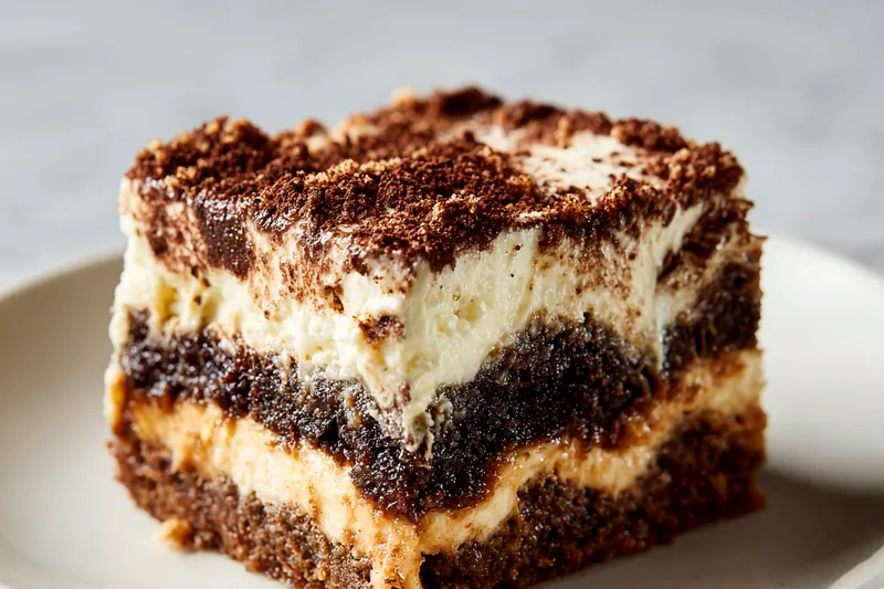 Overhead view of tiramisu ingredients arranged on a marble counter including mascarpone cheese in a white bowl, egg yolks, Italian ladyfinger cookies, a cup of dark espresso, cocoa powder in a small dish, and heavy cream in a measuring cup