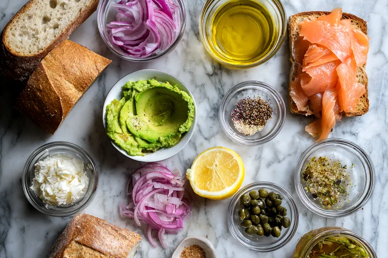 Step-by-step process showing hands spreading creamy green mashed avocado onto golden toasted sourdough bread with a fork, then arranging delicate pink ribbons of smoked salmon on top, photographed from above on a light wooden cutting board