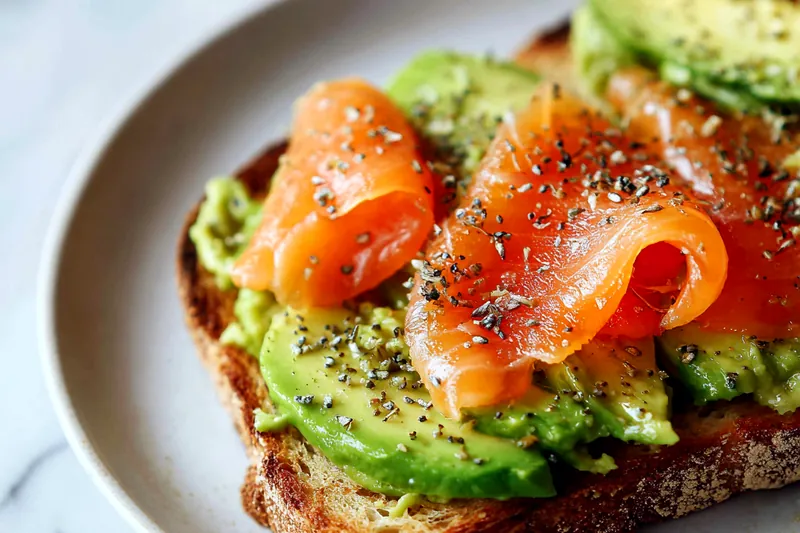 Overhead view of fresh ingredients arranged on a white marble surface: a halved ripe avocado with visible green flesh, several ribbons of coral-pink smoked salmon, thick slices of crusty sourdough bread, a small bowl of everything bagel seasoning, a lemon cut in half, and a bottle of olive oil