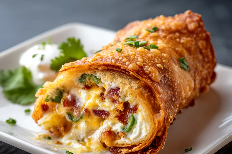 Overhead view of eggroll ingredients arranged on marble counter including cream cheese, shredded cheddar, crumbled bacon, fresh jalapeños, garlic, green onions, and stack of eggroll wrappers