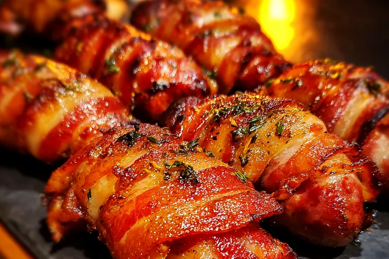 Bacon-wrapped cocktail sausages baking until crispy