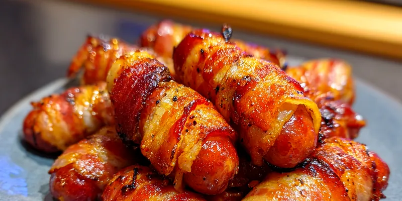 Delicious bacon-wrapped cocktail sausages on a serving platter