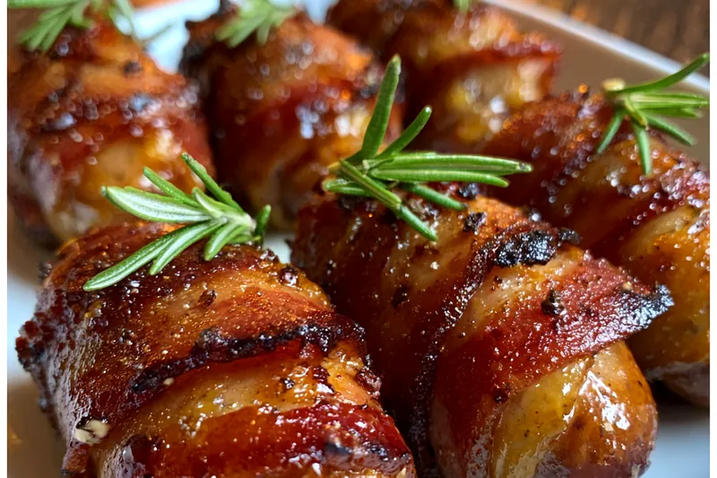 Beautifully arranged ingredients for bacon-wrapped cocktail sausages