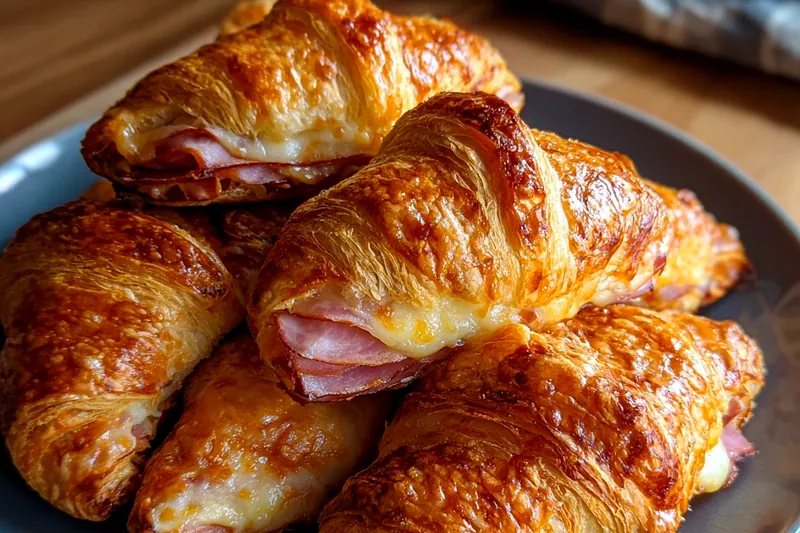 Hands rolling a croissant with ham and cheese filling visible, showing the proper technique for tucking edges while rolling from wide end to point