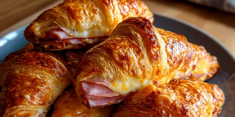 Golden brown baked ham and cheese croissants arranged on white parchment paper, showing flaky layers and melted cheese oozing slightly from the sides