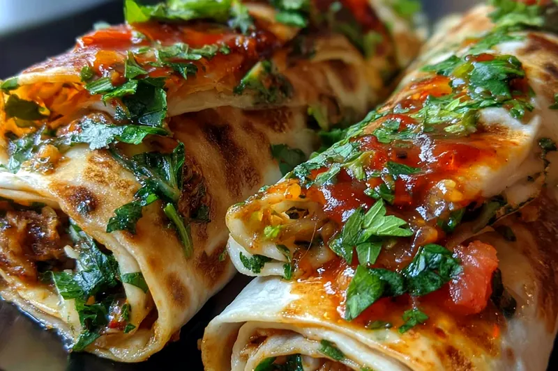 Hands folding a pizza wrap filled with cheese and toppings, showing the proper technique for sealing the edges on a parchment-lined baking sheet