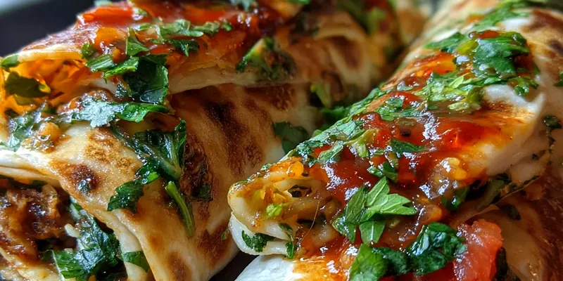 Golden brown baked pizza wraps cut in half showing melted mozzarella cheese, pepperoni, and colorful vegetables, garnished with fresh basil on a white plate