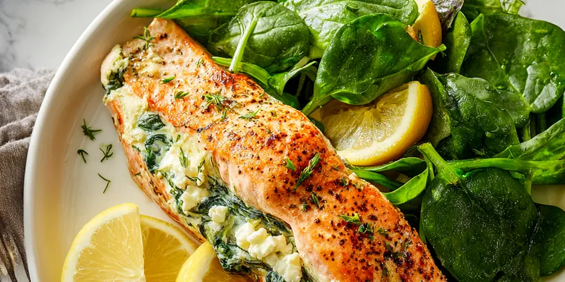 Baked salmon fillets with golden-brown crispy skin on white platter, sliced to show creamy spinach and feta filling inside, garnished with fresh dill and lemon wedges