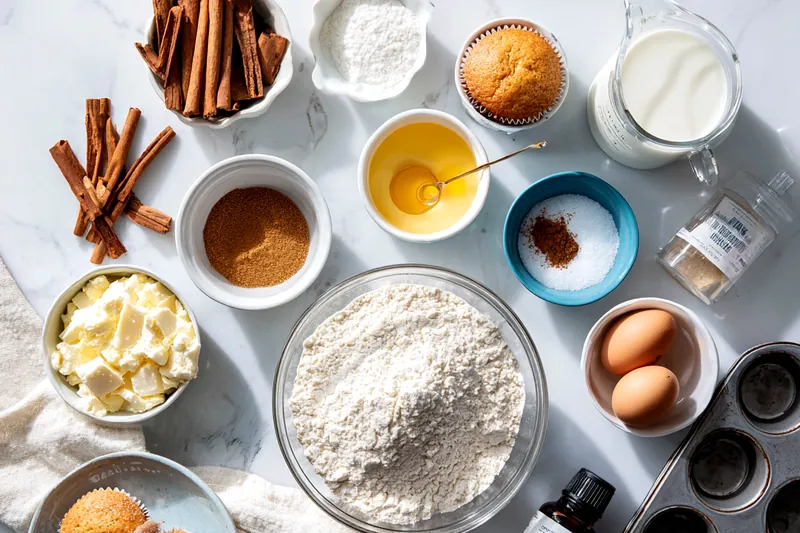 Muffin tin filled with batter topped with generous cinnamon streusel, ready to go in the oven