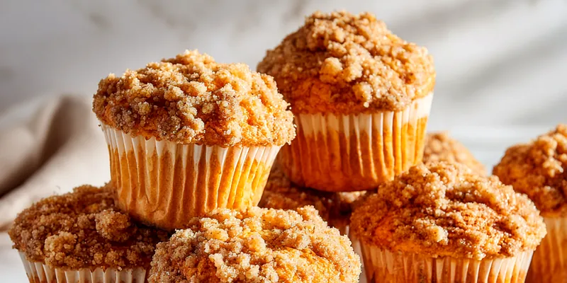 Close-up of a golden cinnamon crumb muffin with thick streusel topping on a white plate, showing moist interior texture
