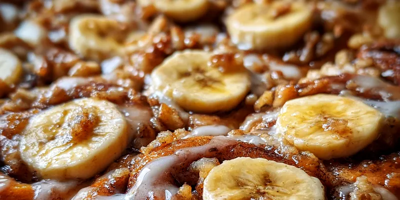 Freshly baked banana bread cinnamon rolls drizzled with icing