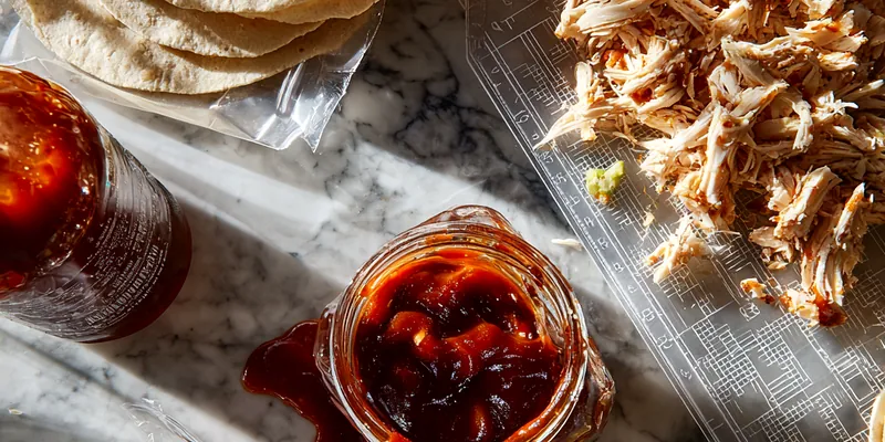 Two BBQ chicken wraps cut in half and stacked on a white speckled plate, showing tender shredded chicken, colorful coleslaw, and melted cheese drizzled with BBQ sauce on a light gray surface