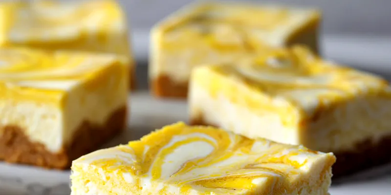 Delicious lemon marbled cheesecake bars on a plate