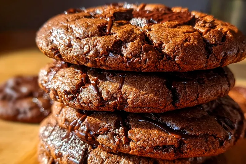 Ingredients for cosmic brownie cookies arranged on a marble countertop including flour, cocoa powder, melted butter, sugars, egg, vanilla, chocolate chips, and colorful rainbow candy chips