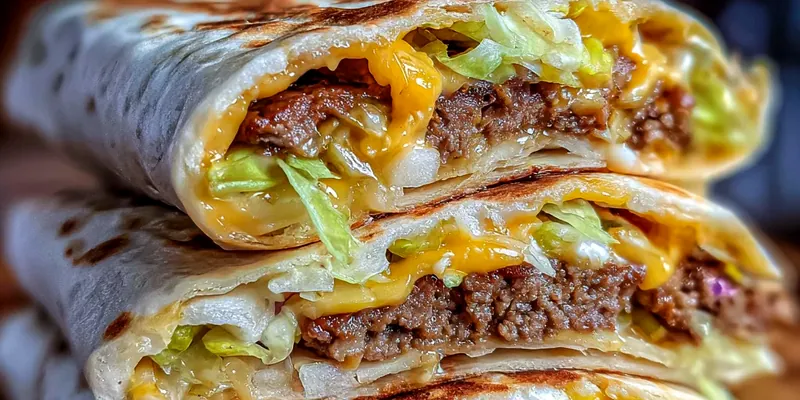 Four Big Mac wraps cut in half and arranged on a wooden cutting board, showing layers of seasoned ground beef, lettuce, cheese, and special sauce in flour tortillas
