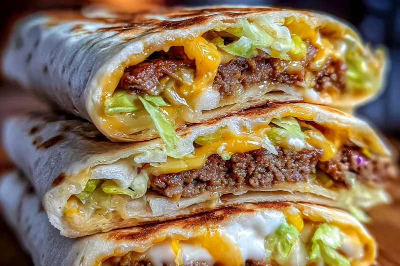 Organized ingredients for Big Mac wraps including ground beef, flour tortillas, lettuce, cheese slices, and special sauce ingredients laid out on a marble counter