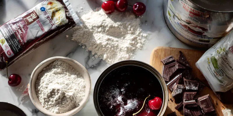 Stunning Black Forest trifle in a clear glass pedestal bowl showing dramatic layers of dark chocolate cake, ruby red cherries, and fluffy white whipped cream, topped with chocolate shavings and fresh cherries with stems