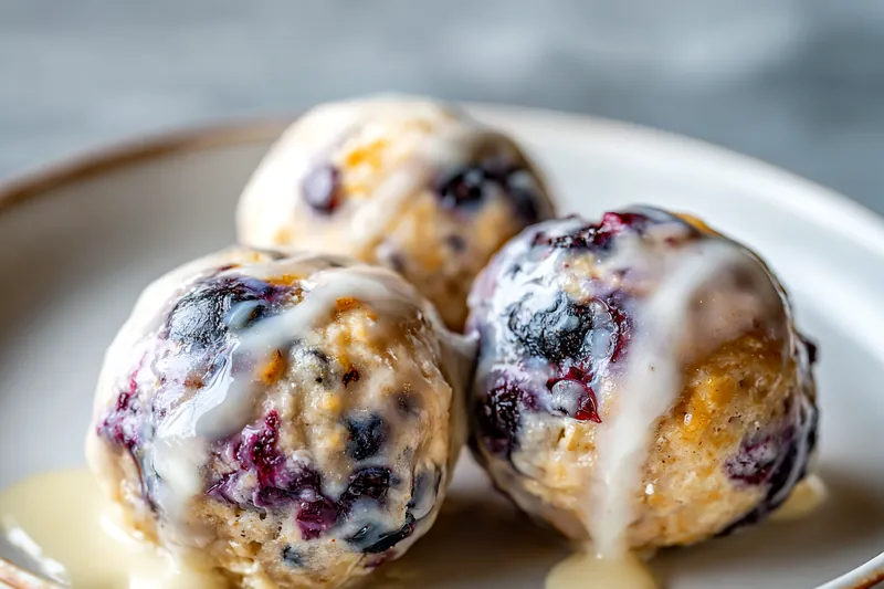 Overhead view of recipe ingredients arranged on a white marble surface including flour in a bowl, fresh blueberries in a basket, cream in a measuring cup, cold butter cubes, sugar, and measuring spoons with vanilla extract and cinnamon