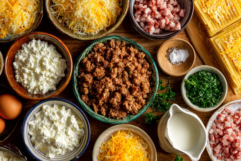 Baking dish with layered breakfast lasagna being placed in an oven, cheese bubbling on top.