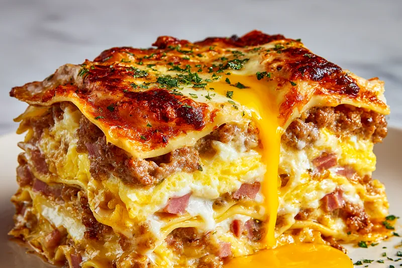 Bowls of lasagna noodles, cooked sausage, diced ham, shredded cheeses, ricotta, eggs, and milk arranged neatly on a wooden counter.