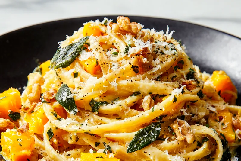 A stainless steel skillet on a stovetop showing the cooking process: golden-brown butter with crispy dark green sage leaves being removed with a wooden spoon, while cubes of caramelized butternut squash wait nearby on a white plate, and a pot of boiling pasta water steams in the background
