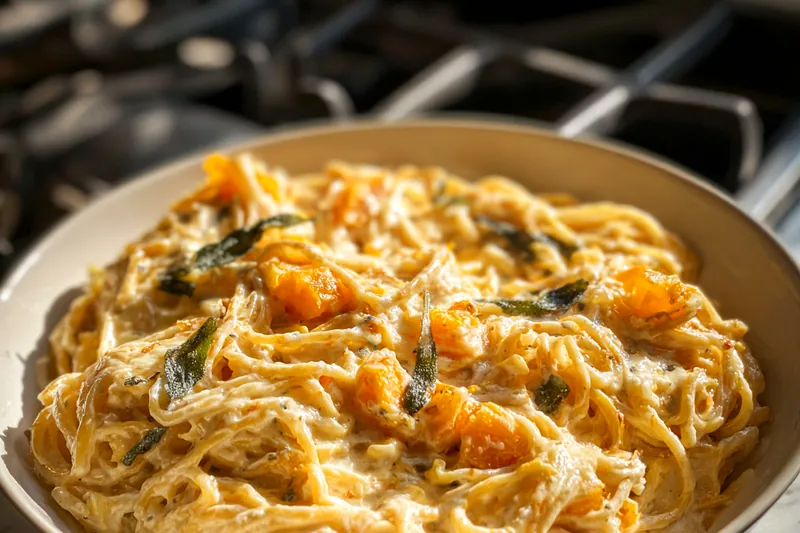 An overhead flat-lay of all ingredients for butternut squash pasta arranged on a white marble surface: a pile of fresh linguine pasta, cubed bright orange butternut squash in a wooden bowl, a stick of butter on a small plate, fresh sage sprigs with grey-green leaves, three whole garlic cloves, a small bowl of grated Parmesan cheese, toasted walnut halves, a small glass cruet of golden olive oil, and small bowls containing nutmeg and red pepper flakes