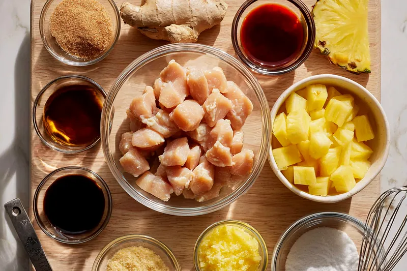 Chicken pieces being tossed in glossy brown sugar pineapple glaze in a skillet, with visible caramelization and pineapple chunks throughout