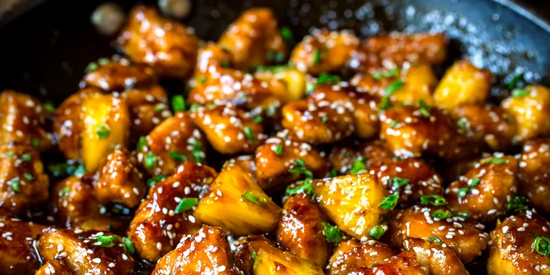 Close-up of glazed Brown Sugar Pineapple Chicken with golden caramelized chicken pieces and pineapple chunks in a glossy brown sauce