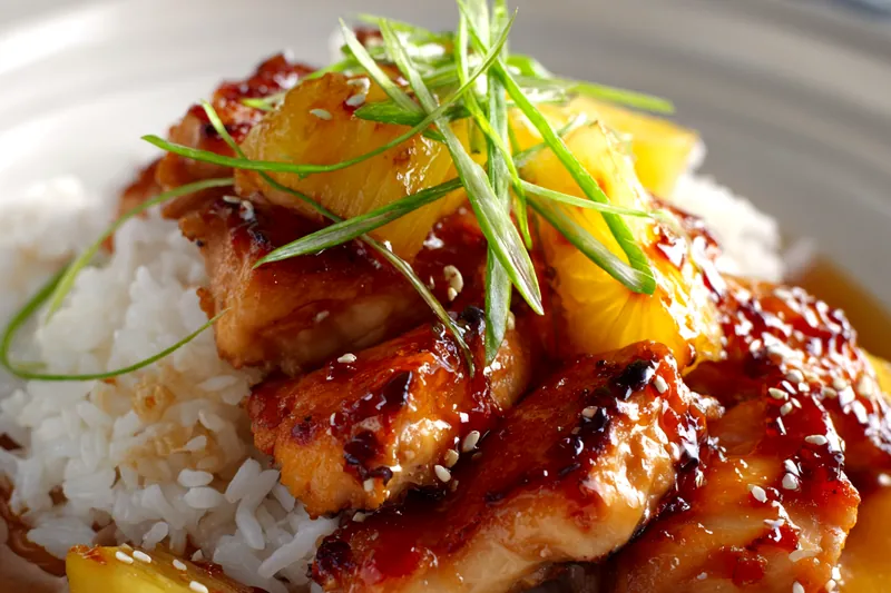 Organized display of ingredients for Brown Sugar Pineapple Chicken including cubed raw chicken, brown sugar, soy sauce, pineapple chunks, garlic, and ginger on a white surface
