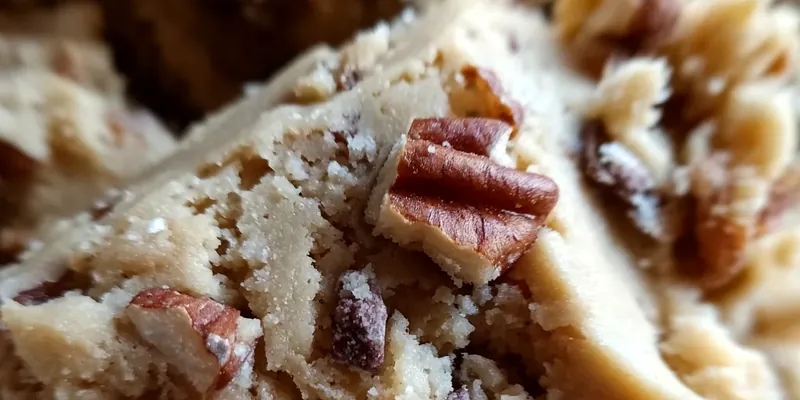 Creamy butter pecan chocolate chip cookie dough in a white bowl with wooden spoon, showing chunks of toasted pecans and mini chocolate chips throughout