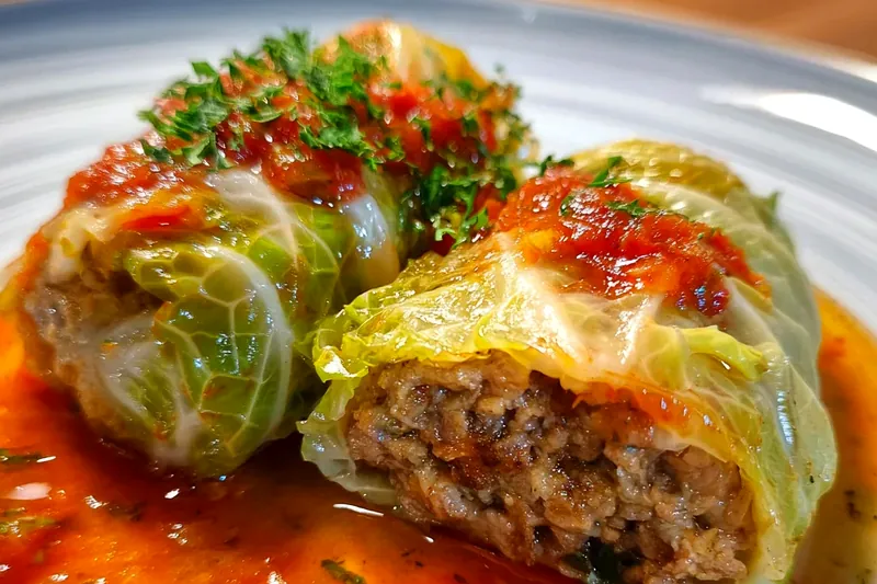 Step-by-step photos showing cabbage rolls being assembled: blanched cabbage leaves, filling mixture, and rolls being wrapped