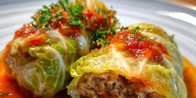 Golden-brown stuffed cabbage rolls arranged in a white ceramic baking dish, covered in rich red tomato sauce with fresh herbs garnish