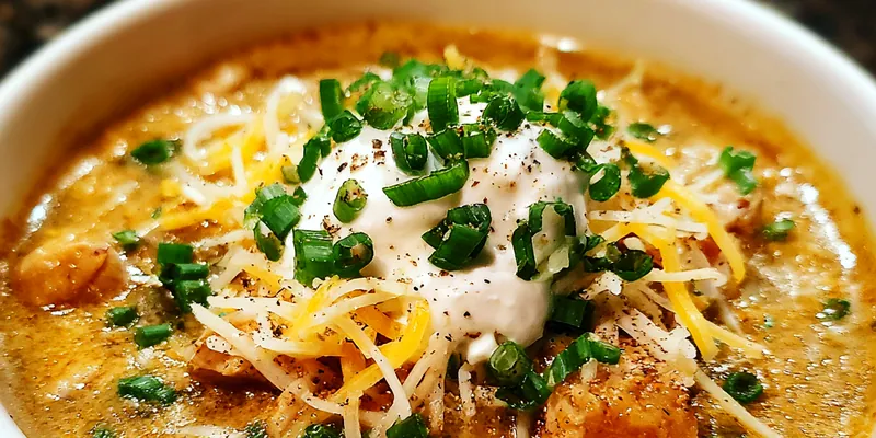 A bowl of creamy Cajun White Chicken Chili garnished with herbs