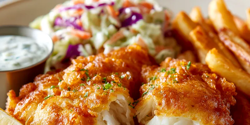 Golden crispy Captain D's style battered fish fillets on a dark plate with one piece broken open revealing flaky white fish, served with tartar sauce and lemon