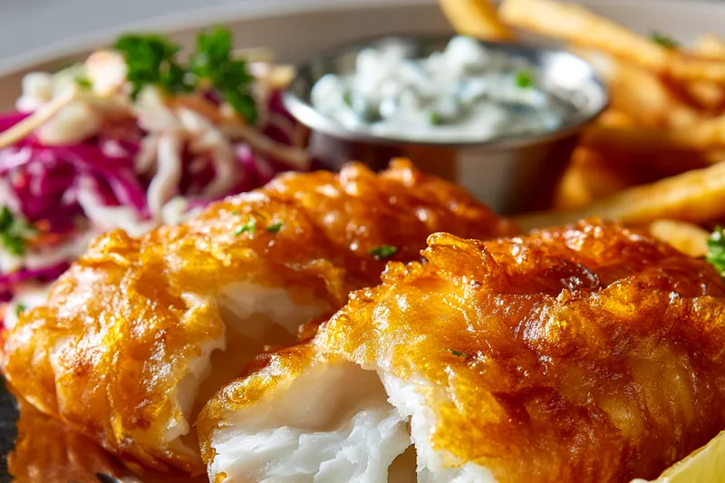 Overhead view of all ingredients for battered fish including flour, cornstarch, club soda with bubbles, Old Bay seasoning, raw white fish fillets on a cutting board, and oil