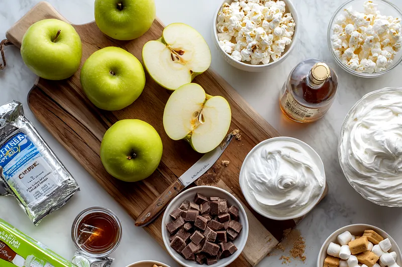 Close-up of hands folding green apple cubes into fluffy white cream mixture in a glass bowl, showing the process of combining ingredients
