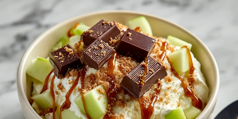 Overhead view of creamy Caramel Apple Chocolate Fluff Salad in a white bowl, topped with green apple chunks, chocolate pieces, caramel drizzle, and graham cracker crumbs on a marble surface
