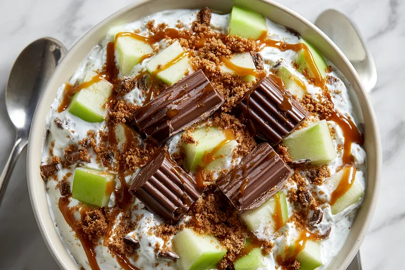 Flat lay of ingredients for caramel apple fluff salad including whole and cut Granny Smith apples on a wooden board, bowls of marshmallow fluff, caramel sauce, cream cheese, chocolate pieces, and graham crackers on white marble