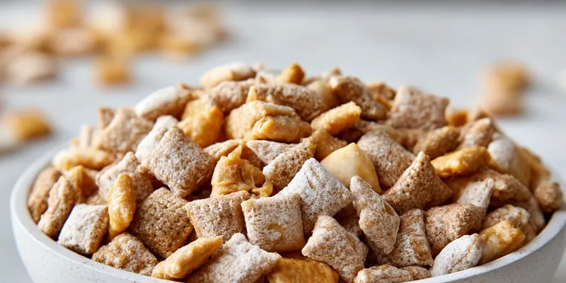 A bowl of Caramel Apple Puppy Chow with toffee bits